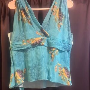 100% Silk Designer JohnPaulRichard Turquoise and Mustard Floral Blouse